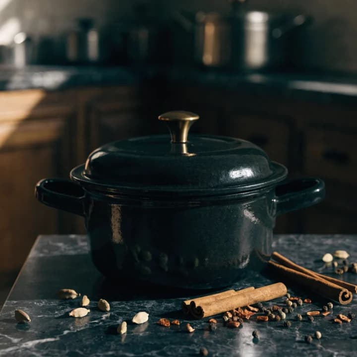 Heavy-bottomed cooking pot on a hob