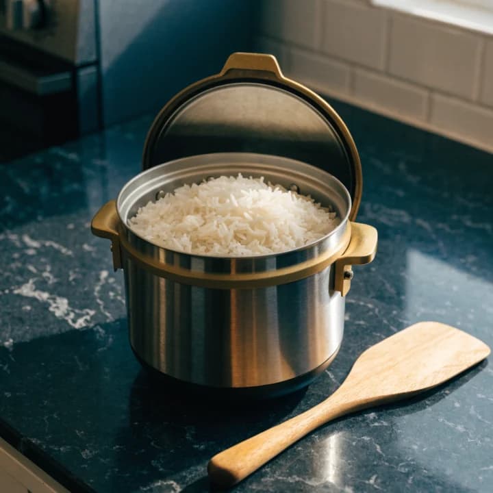 Compact rice cooker filled with basmati rice