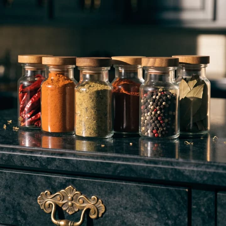 Airtight glass jars filled with Indian spices