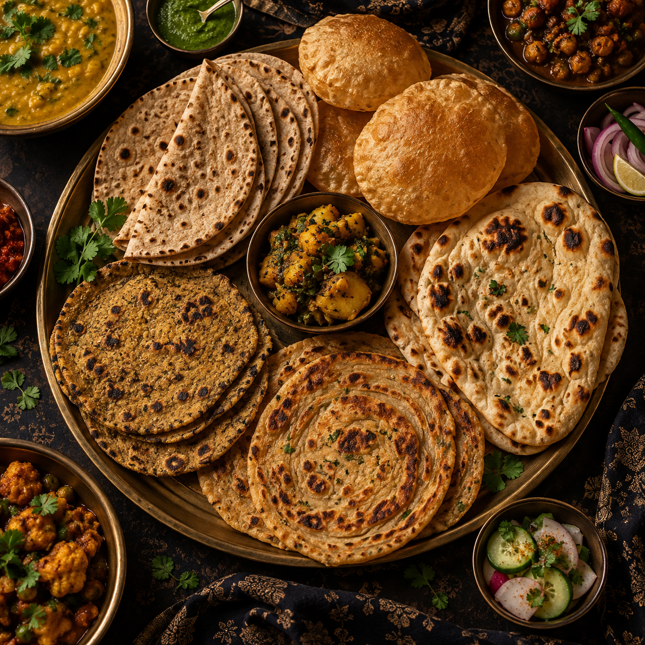 A table of authentic Indian breads prepared for the Vegan Masala masterclass